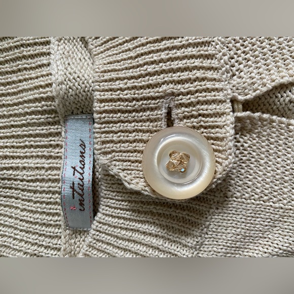 Cropped pointelle cardigan with bead encrusted button closure. - Picture 4 of 4